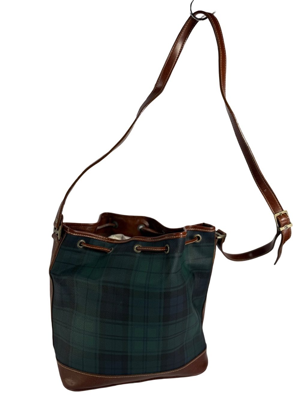 Green Plaid Bucket Shoulder Bag with Brown Leather Trim